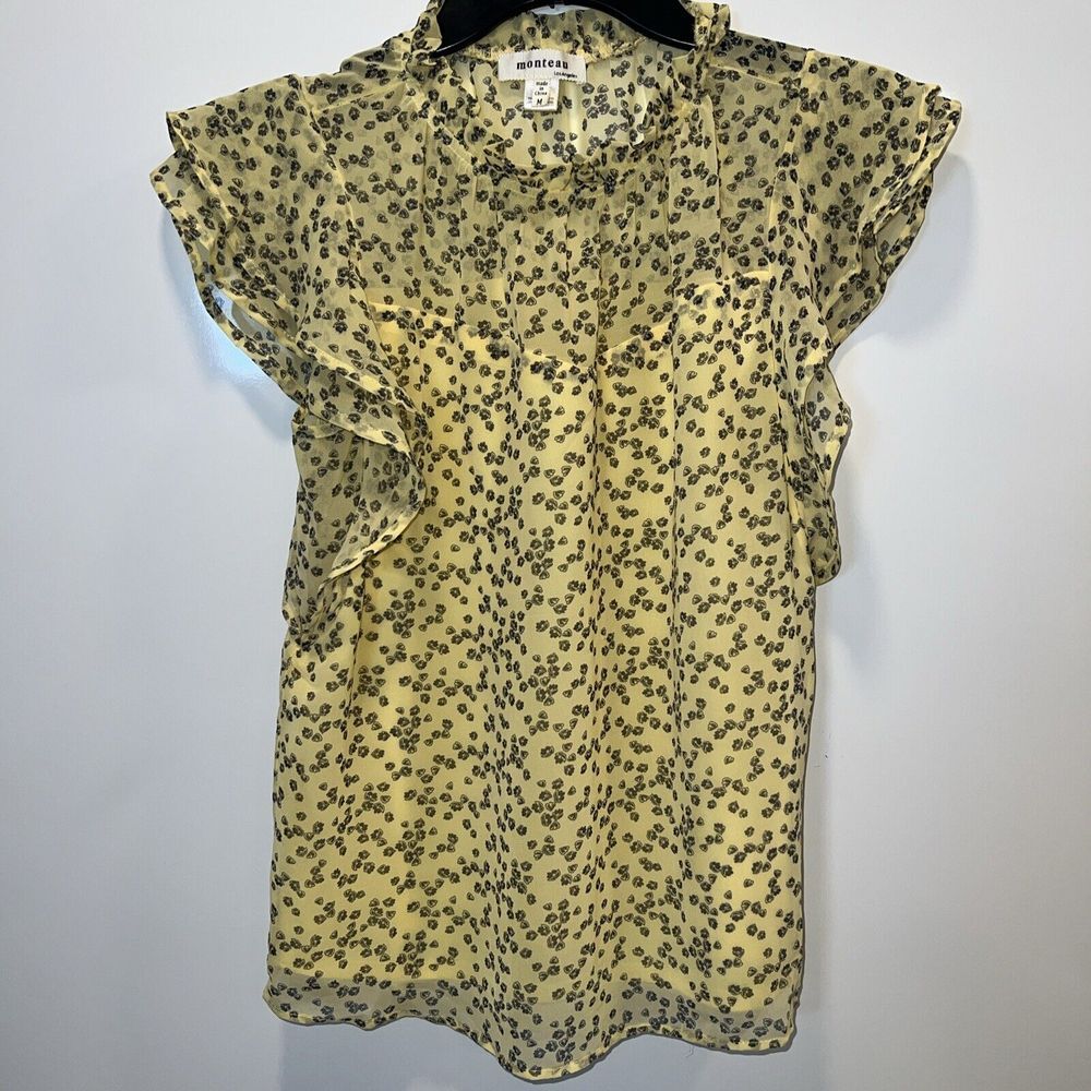 Women's Monte's Los Angeles Ruffle Sleeve Yellow Floral Blouse Medium